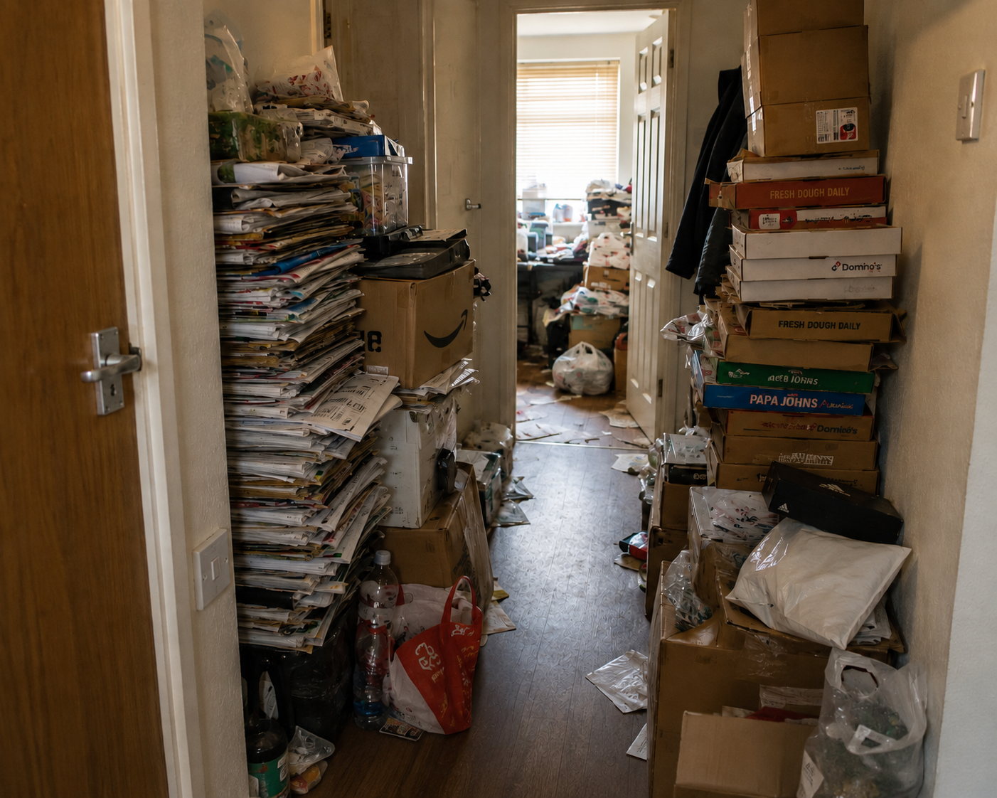 Hallway of a UK home heavily filled with stacked newspapers, boxes and bags awaiting sensitive hoarding clearance