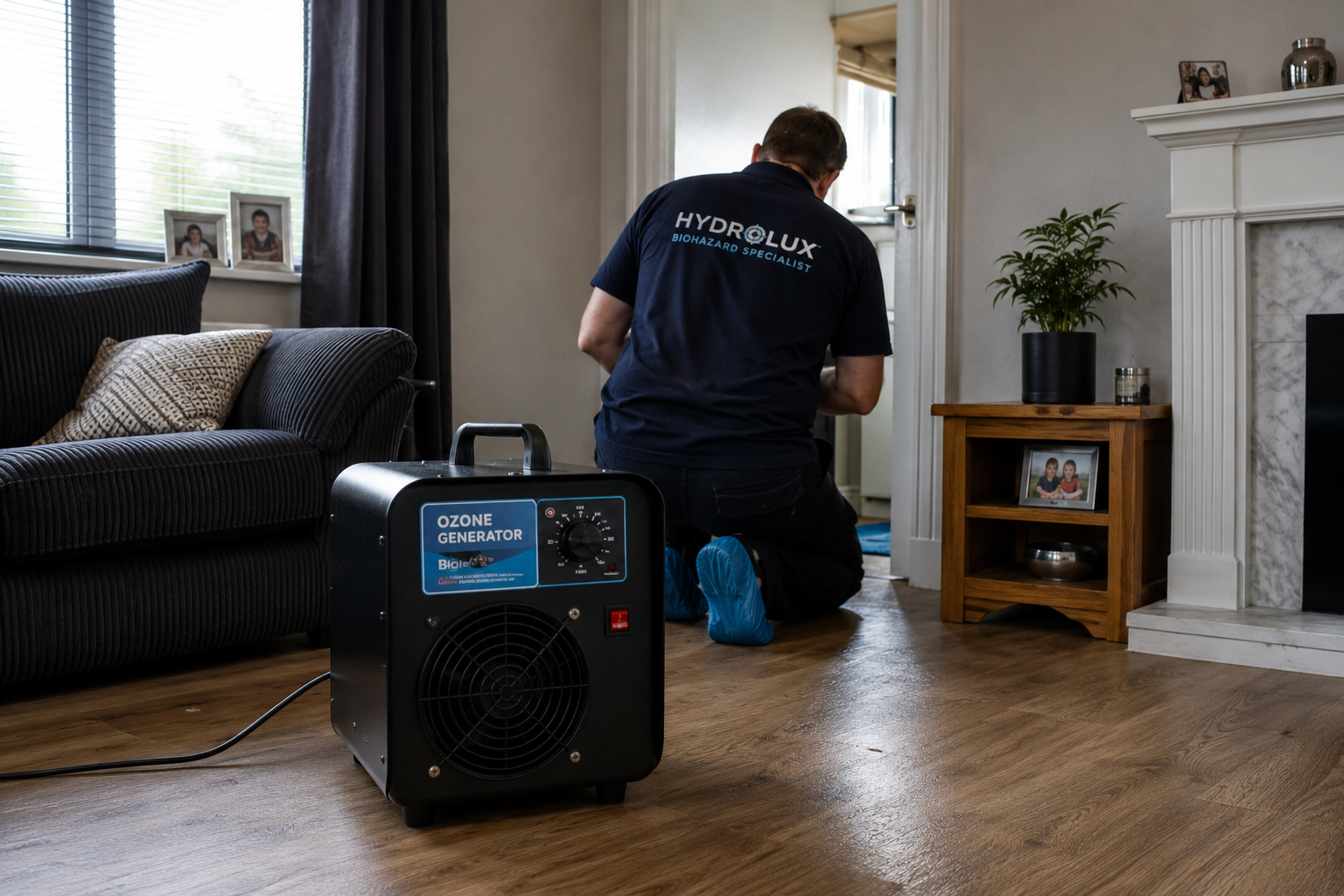 Hydrolux technician working in a UK living room with an ozone generator running for odour treatment