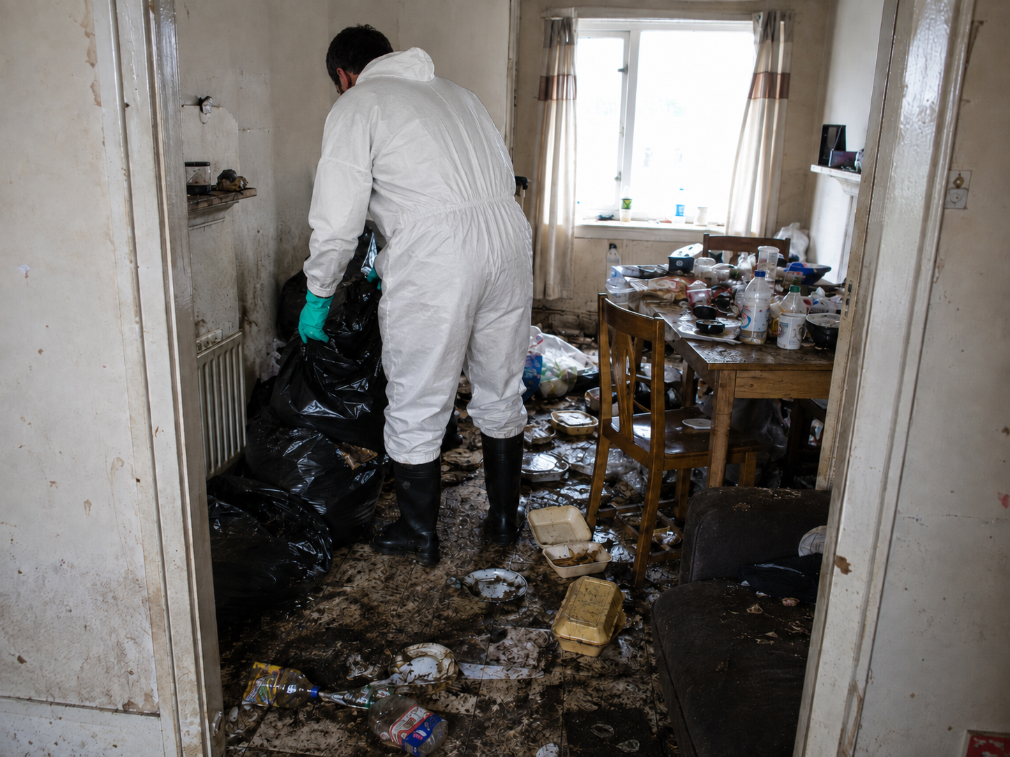 Technician in white protective coverall and gloves bagging waste in a heavily soiled UK living room during welfare cleaning